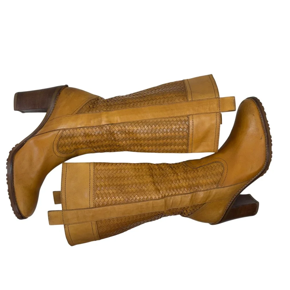 Cole Haan Woven Leather Tall Boots Womens 8.5 Block Heel Lug Sole Camel Tan - Picture 9 of 12